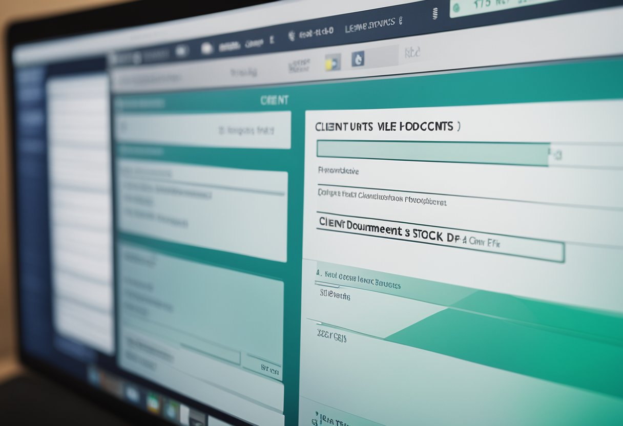 Un écran d'ordinateur affichant un dossier numérique étiqueté "Documents Client" avec divers fichiers et documents organisés à l'intérieur.