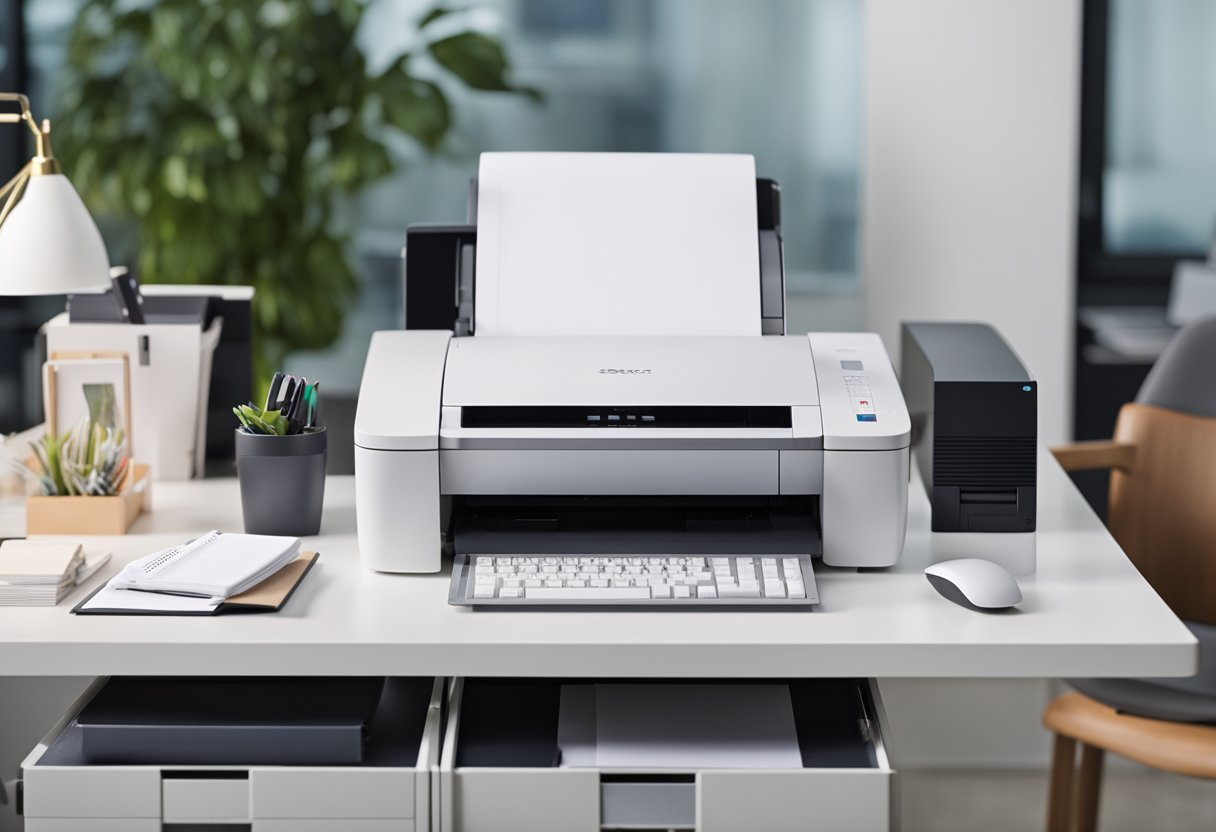 Un bureau moderne et élégant avec un ordinateur, une imprimante et un organiseur de fichiers. Un flux continu de documents du format numérique au format physique.