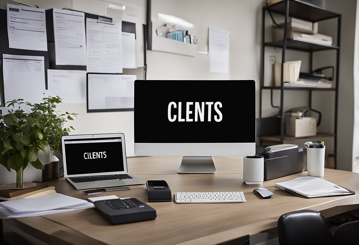 Un bureau à domicile avec un ordinateur, une imprimante et un organiseur de fichiers. Des documents étiquetés "clients" sont soigneusement disposés sur le bureau.