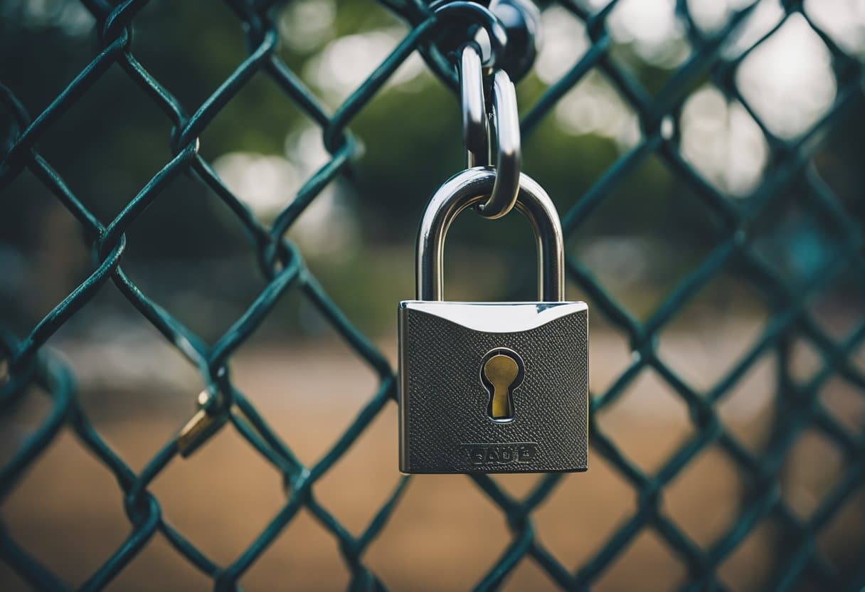Un cadenas suspendu à une clôture en grillage, avec un trou de serrure en focus