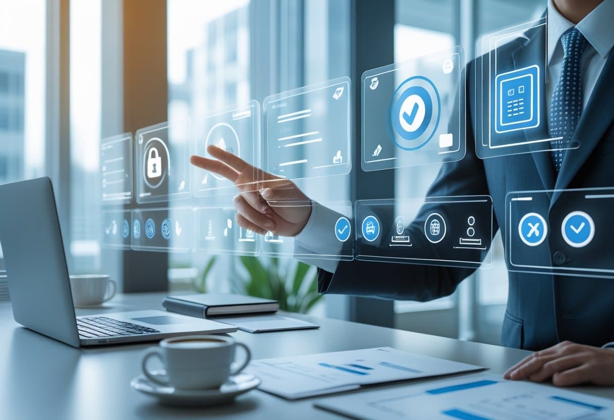 Un professionnel dans un bureau moderne interagit avec des écrans numériques représentant la facturation électronique et la conformité.