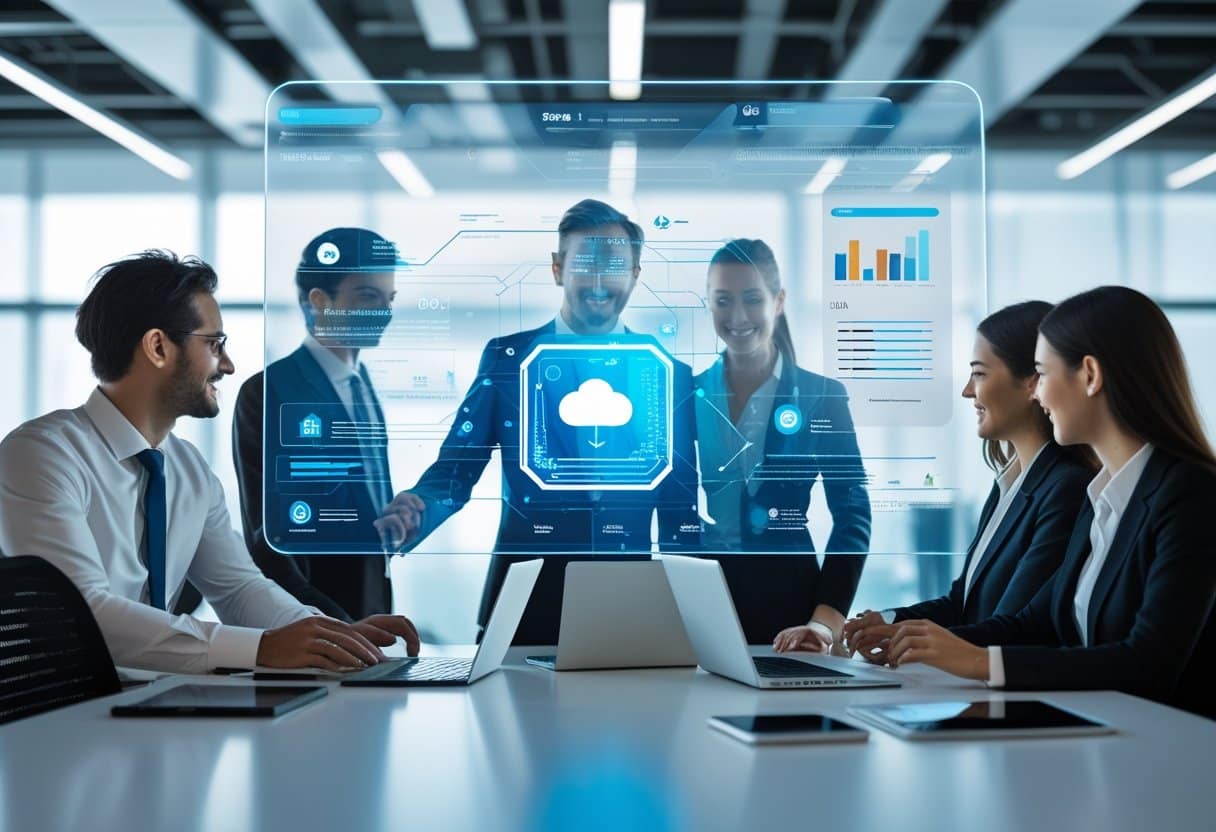 Des professionnels en bureau collaborant autour d'un écran digital affichant des icônes représentant la facturation électronique et le stockage cloud.