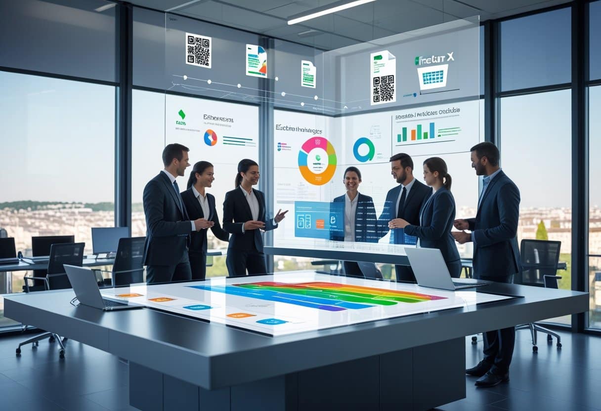 Des professionnels dans un bureau moderne collaborent autour d'une table numérique affichant des graphiques et des factures électroniques, avec une vue sur une ville française en arrière-plan.