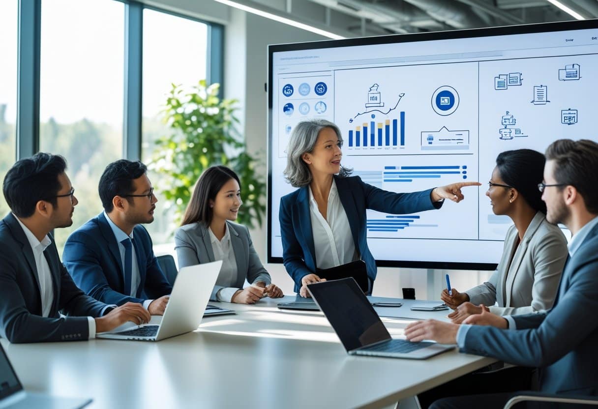 Des professionnels en réunion dans un bureau moderne discutant autour d'un écran numérique montrant des graphiques et des icônes liés à la gestion documentaire.